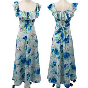 Vintage 60s 70s Fumis Hawaiian Maxi Dress Watercolor Floral Ruffled Neck Blue XS